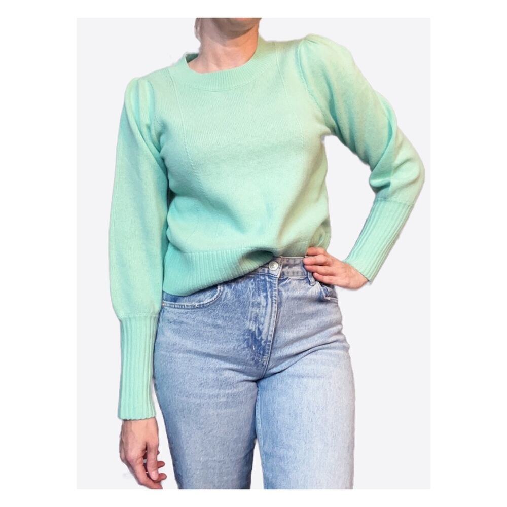 Hill House Sylvie Cropped Knit Merino Wool Sweater Puff Sleeve Mint Green XS
